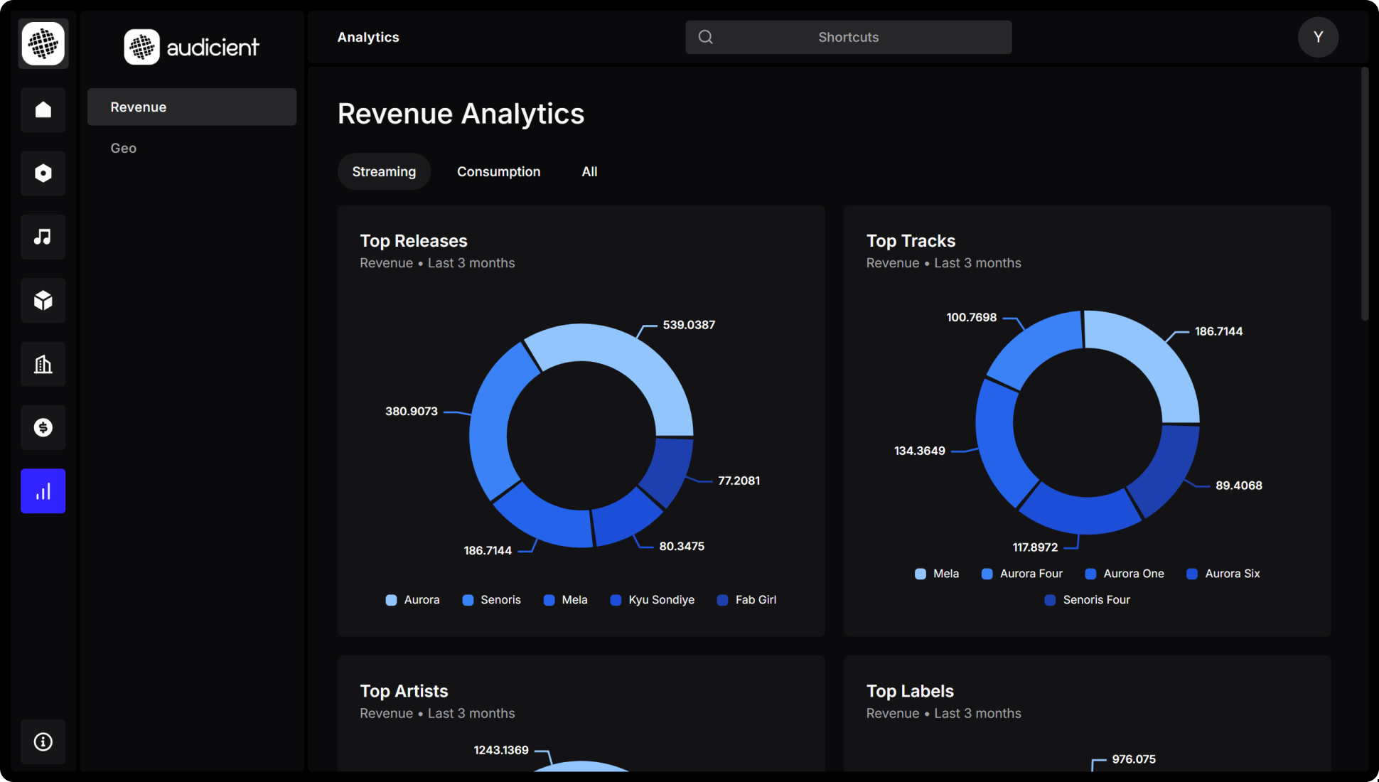Music analytics and reporting dashboard showing streaming performance, revenue, and audience insights