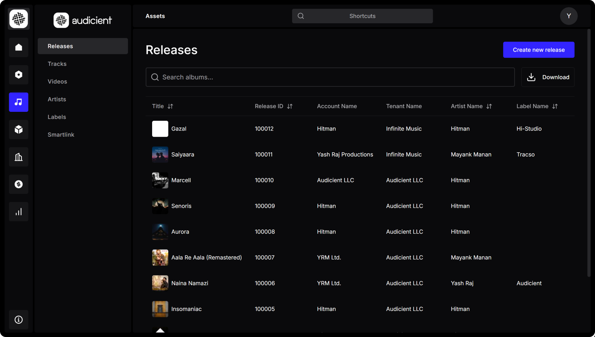 Music catalog and assets management dashboard for organizing tracks, releases, and metadata