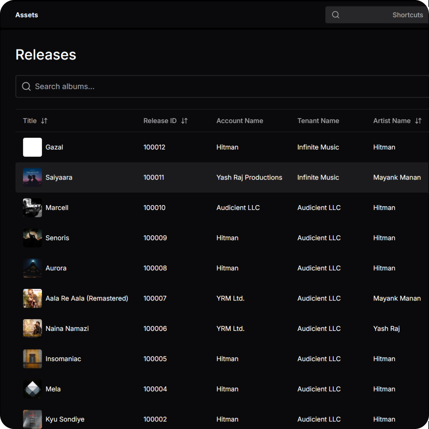 Catalog management interface for organizing tracks and releases