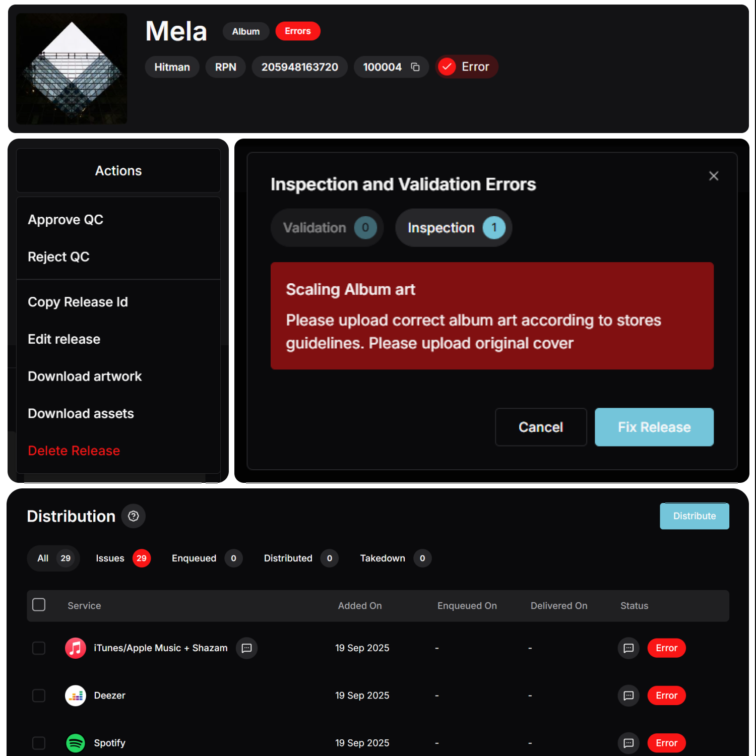 Quality control dashboard for music distribution