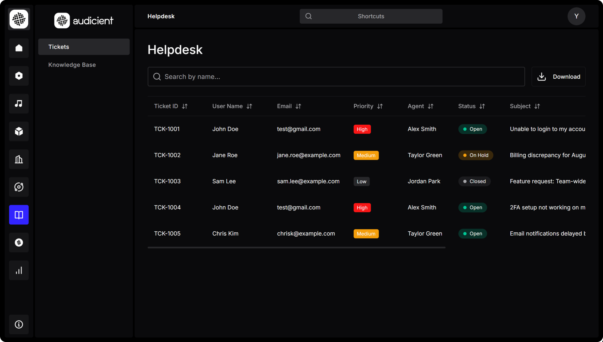 Helpdesk and customer support management interface with ticketing system and knowledge base