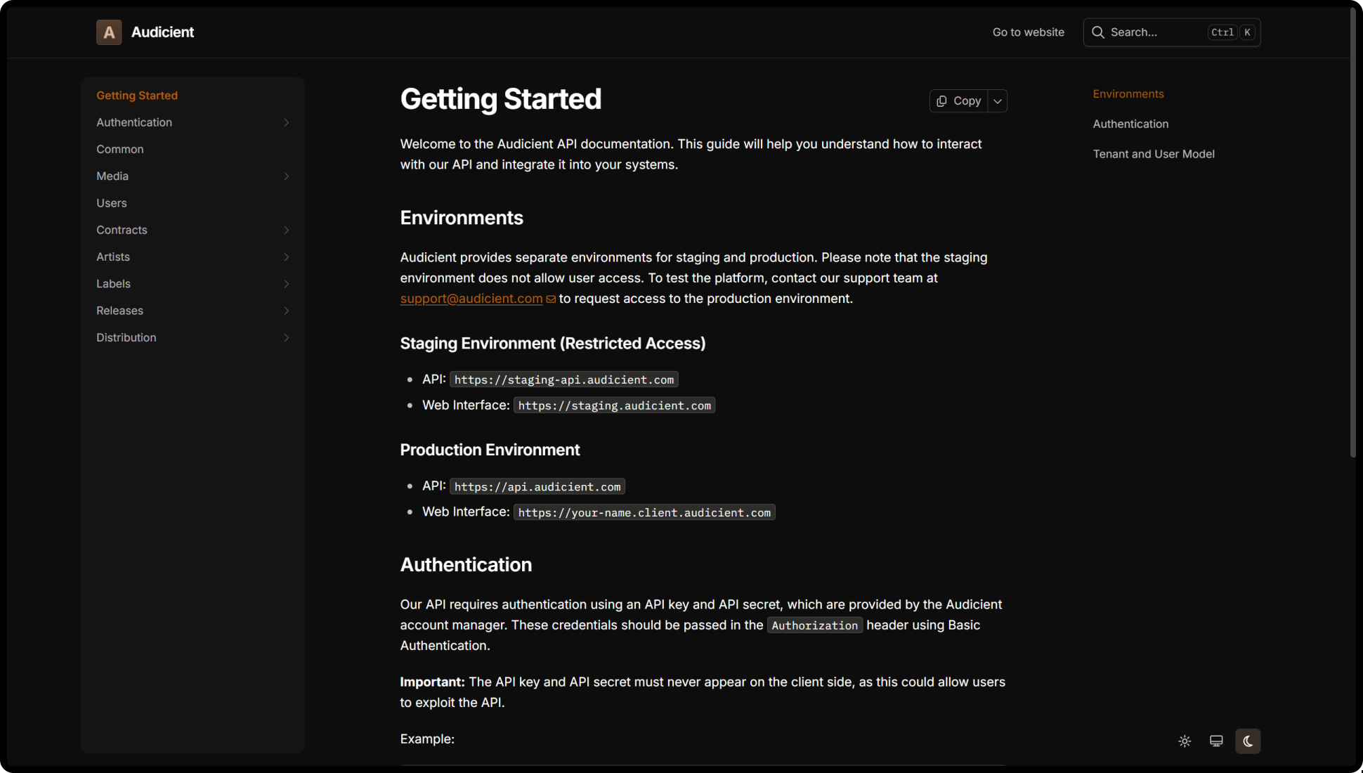 REST API documentation and integration dashboard for music distribution platform