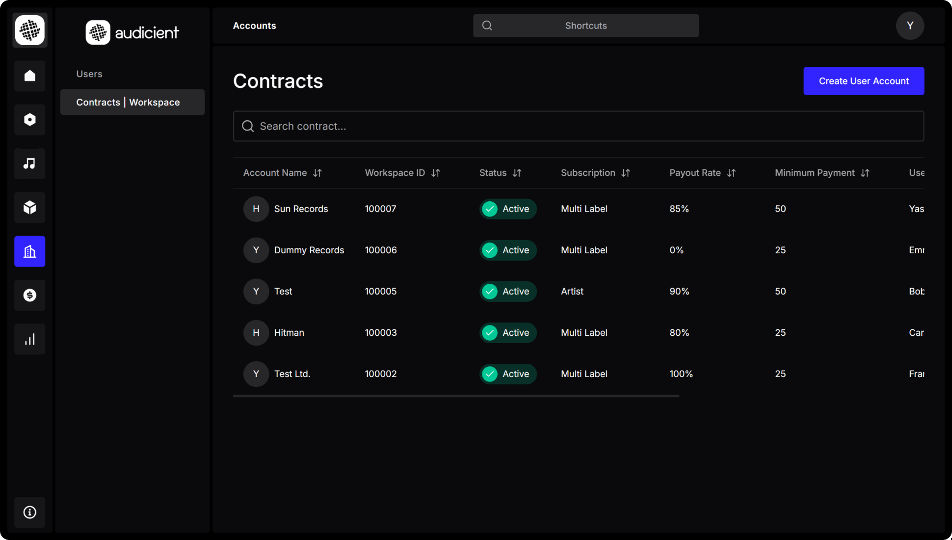 Music rights management interface for contracts, royalty splits, and rights holder administration