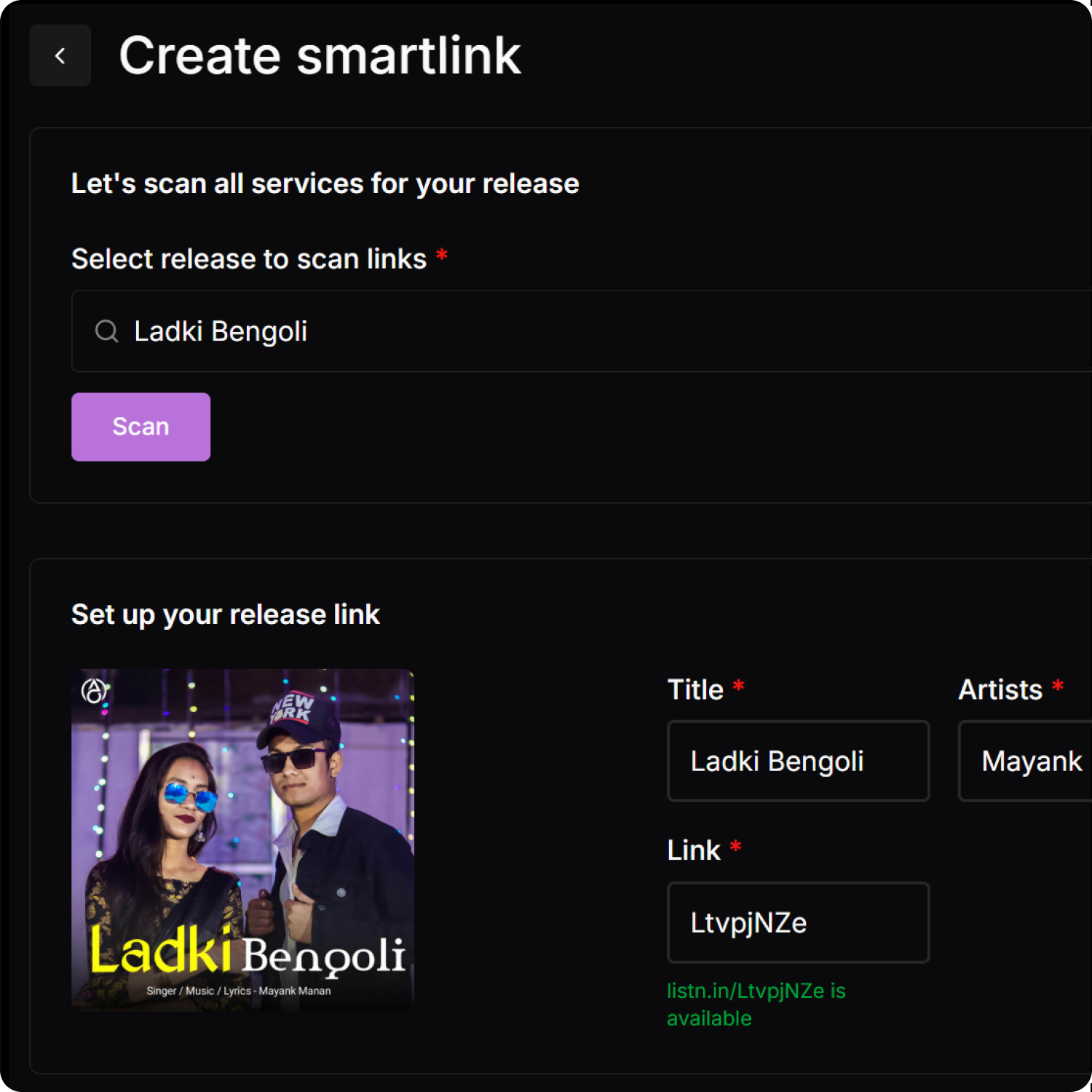 Smartlink creation interface for music releases with URL input and customization options