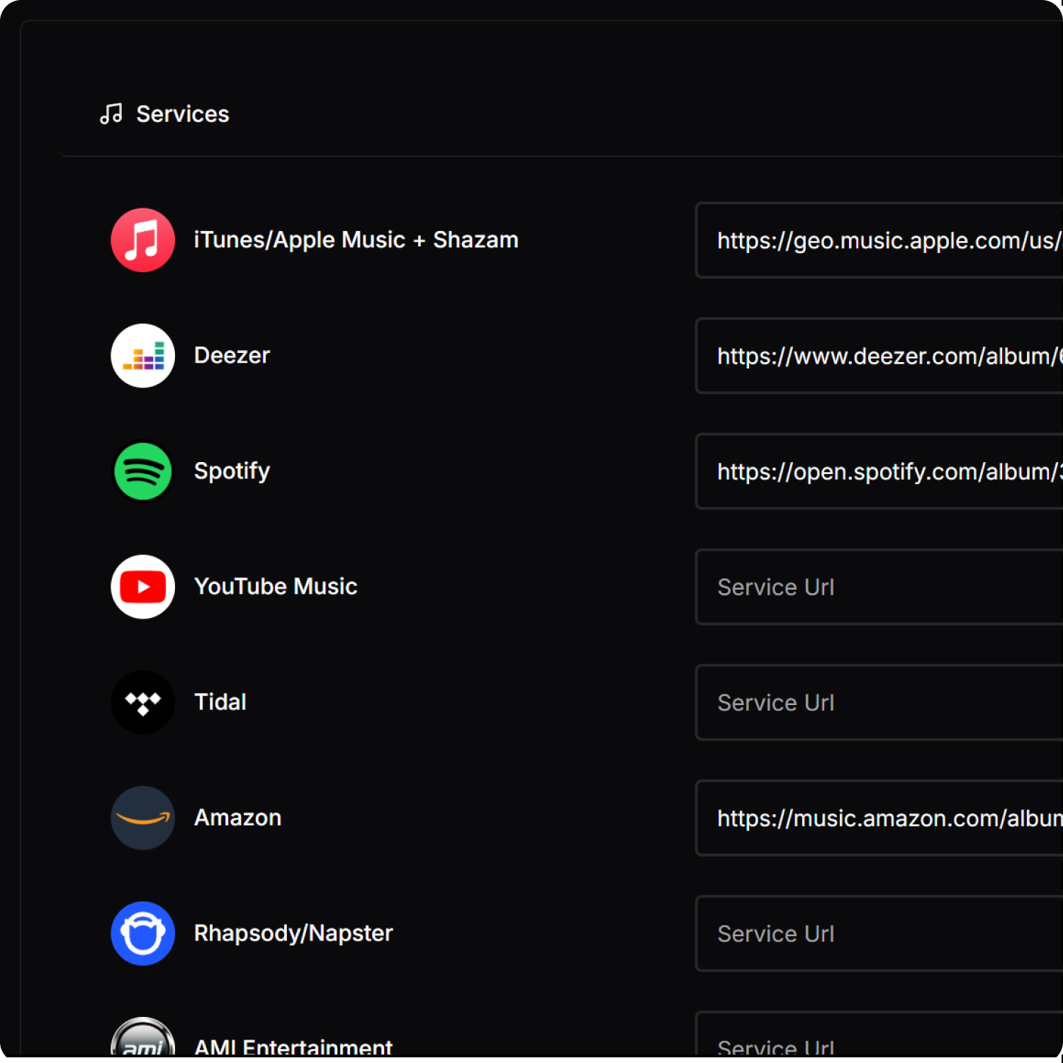 Multi-platform music link selector showing Spotify, Apple Music, YouTube, and other streaming services