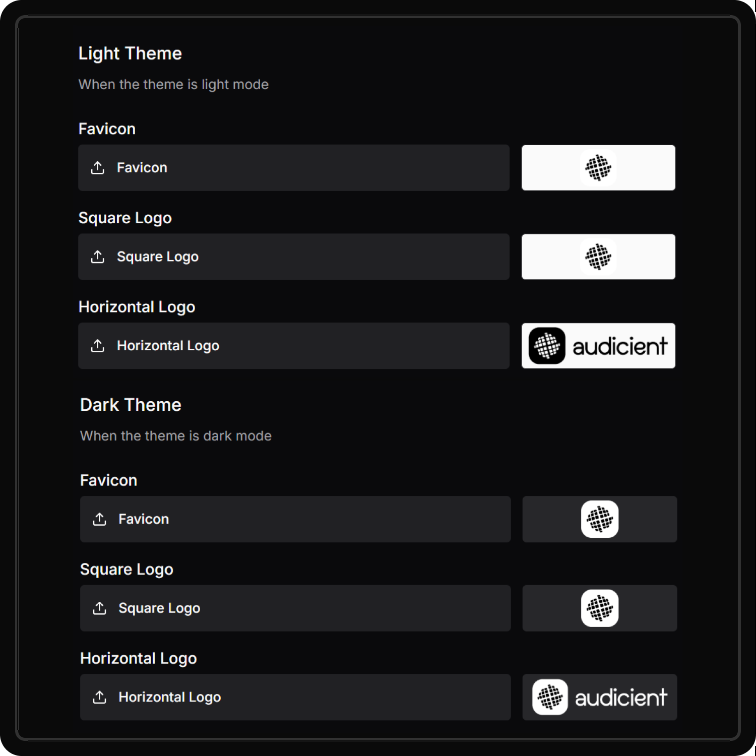Branding assets upload interface for logos, favicons, and theme variants
