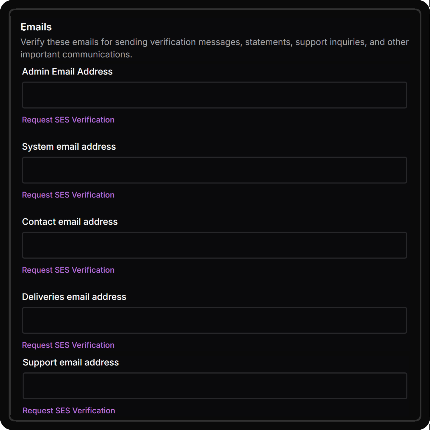 Email sender identity configuration with SES verification settings