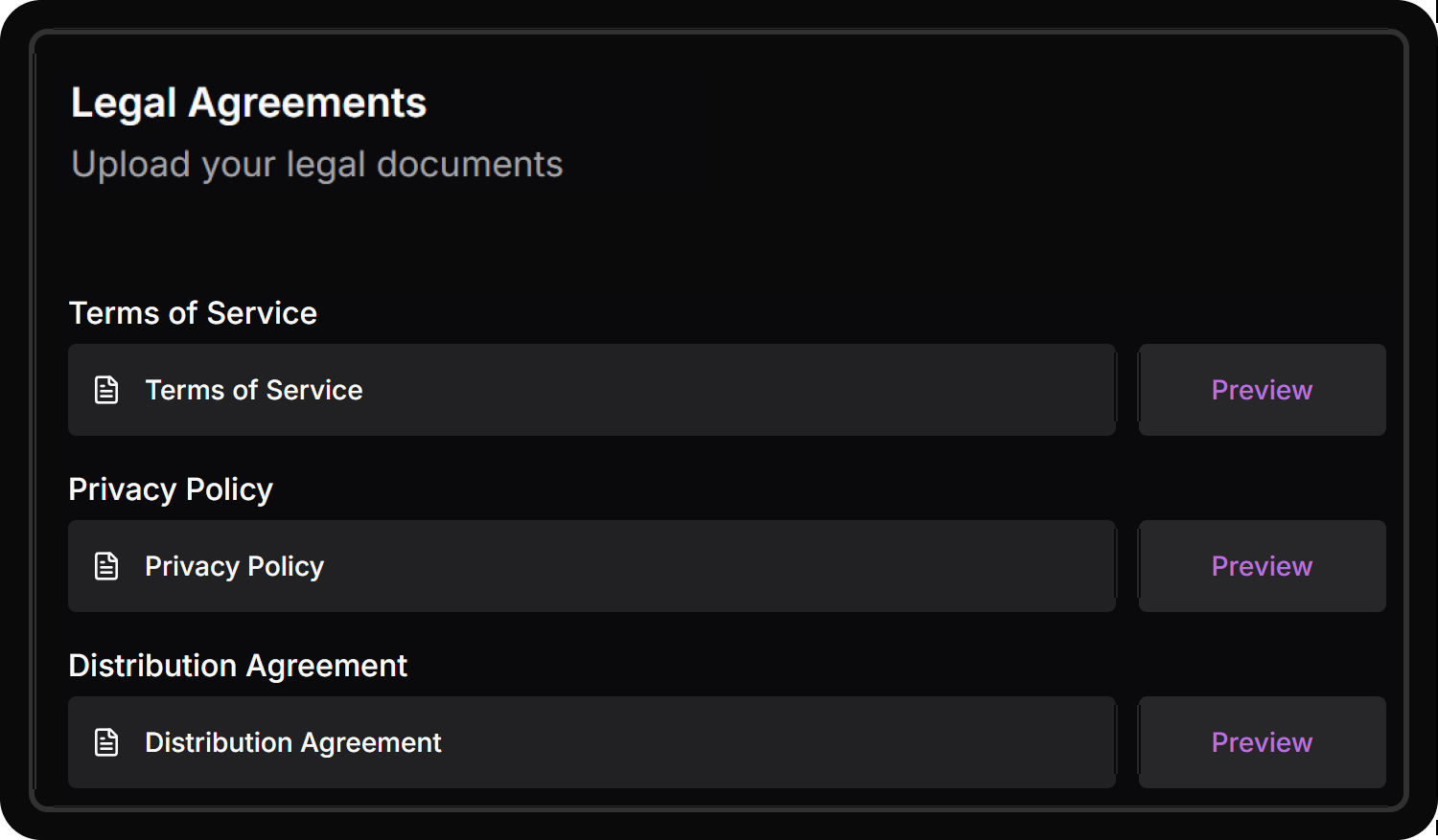 Legal documents upload interface for terms of service, privacy policy, and distribution agreements