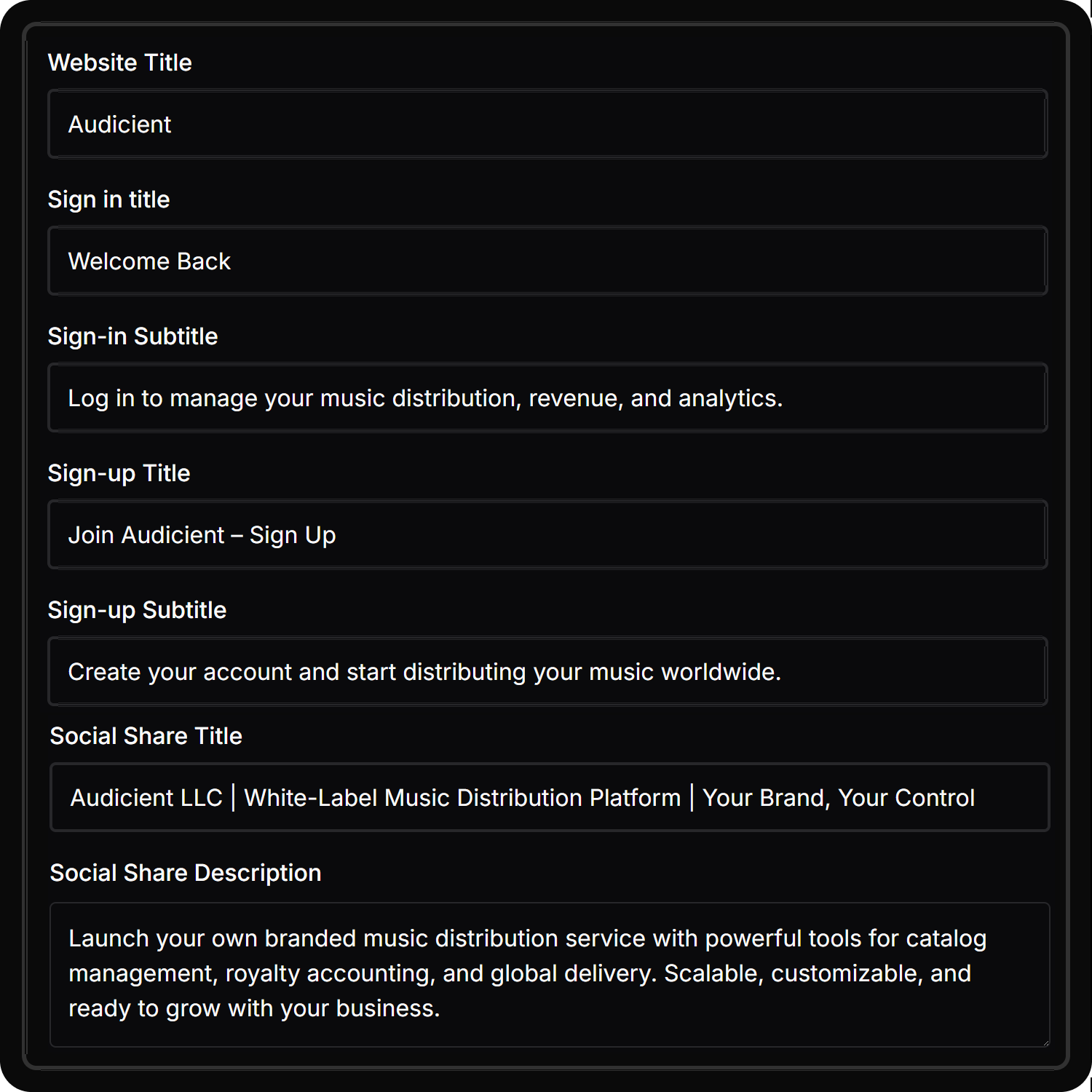Website metadata and SEO configuration panel for titles, descriptions, and Open Graph tags