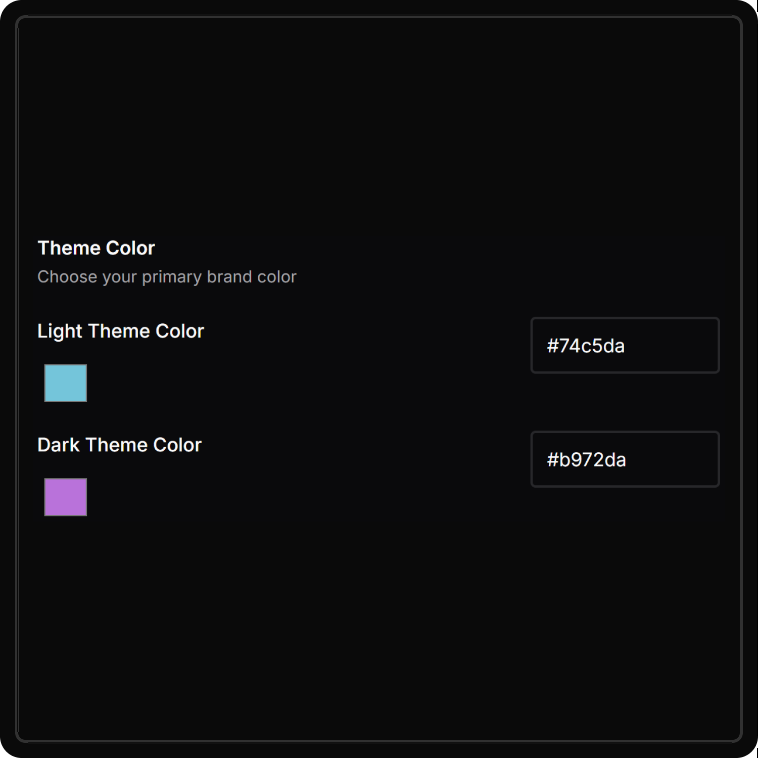 Theme color picker for white label platform with light and dark mode options